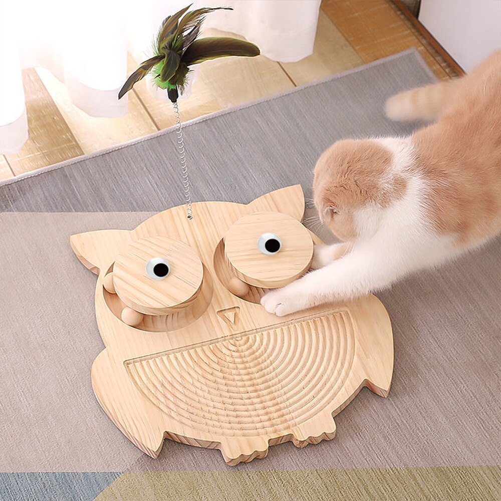 Wooden Cat Scratching Post Solid Wood Scratching Board Turntable Lovely Cat Teaser Grinding Claws Toy Wear-Resisting Kitten Toy