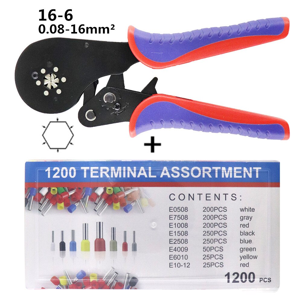 Rørformet klemmeværktøj 16-6/0.08-16 mm 2/30-5 awg 1200 stk/boks klemmer minitang præcisions elektriske klemmer sæt: 16-6 og 1200 stk