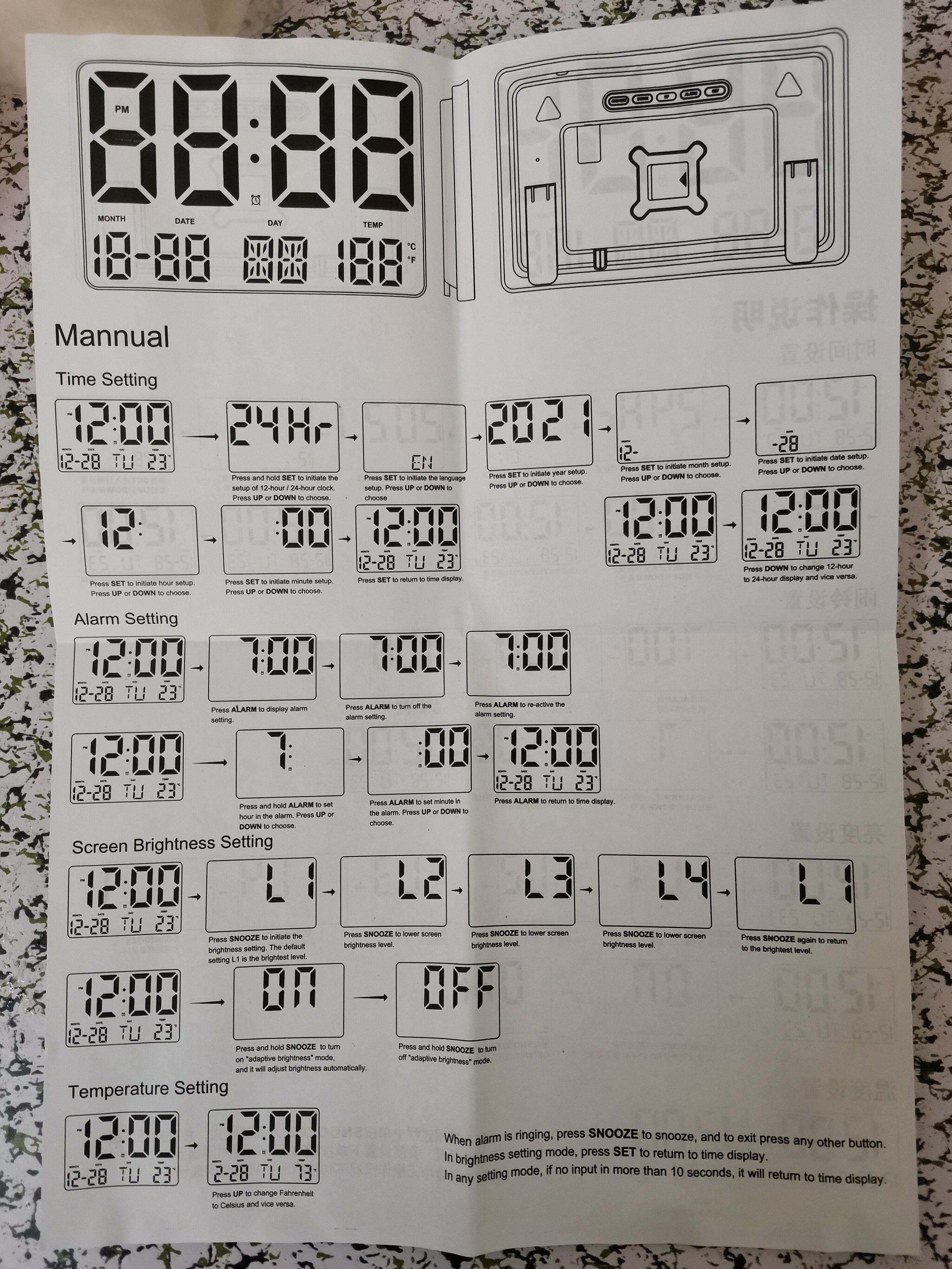Remote Control Large Electronic Wall Clock Light Sensing Temp Date Power Off Memory Table Clock Wall-mounted Digital LED Clocks