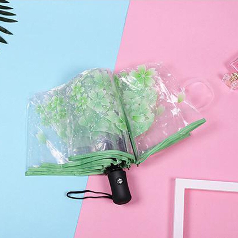 Ombrello automatico piccola margherita POE telone trasparente ombrello dea studente giapponese pieghevole ombrello fiore di ciliegio: green cherry