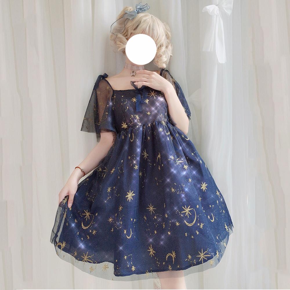 Japonês kawaii meninas lua estrela bordado vestido vitoriano verão lolita vestido chá festa gótico lolita op chá loli cos