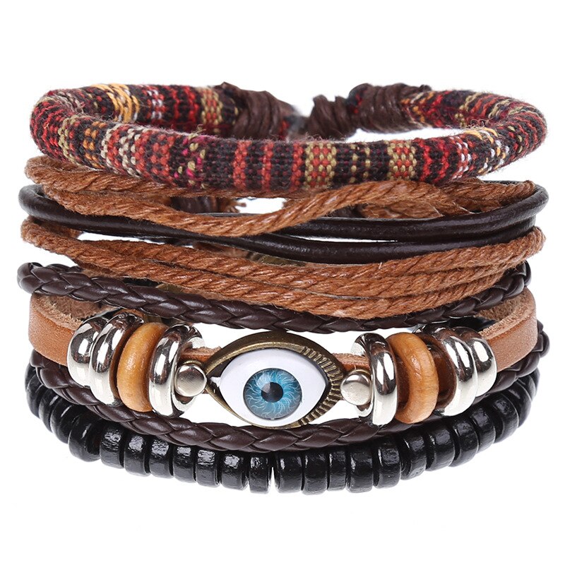 Pulseira de couro trançado 4 pçs/set, pulseiras para homens e mulheres, vintage, contas de madeira, cruz, étnica, esperança