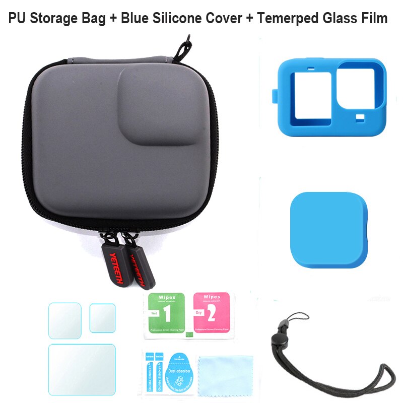 Upgrade Mini PU Protective Bag Carrying Case Silicone Cover Tempered Glass Film for Gopro Hero 10/9 Action Camera Accessoriess: Blue Color