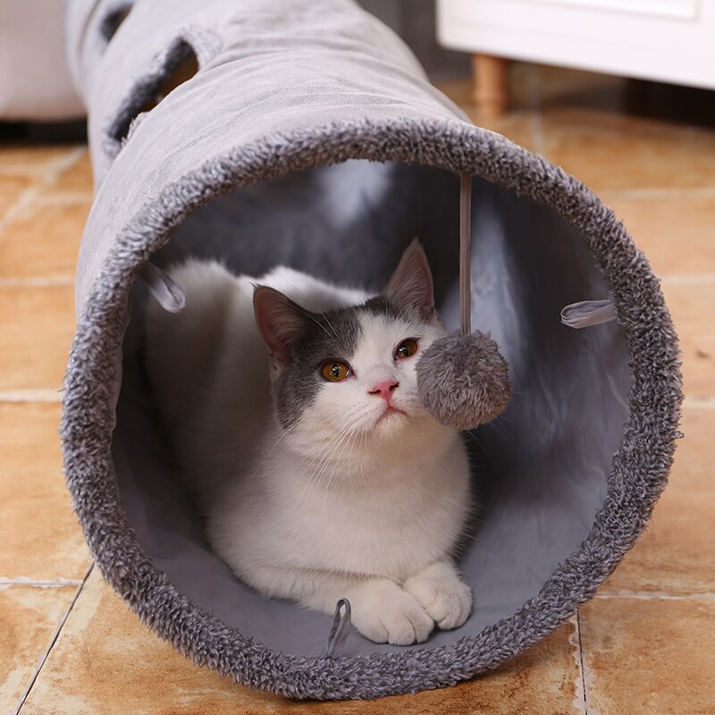Gray Cat Toy Foldable Crossing Tunnel long Nest Cat Bed Environmentally Educational Pet Toy Round Suede Breathable Cat Bed