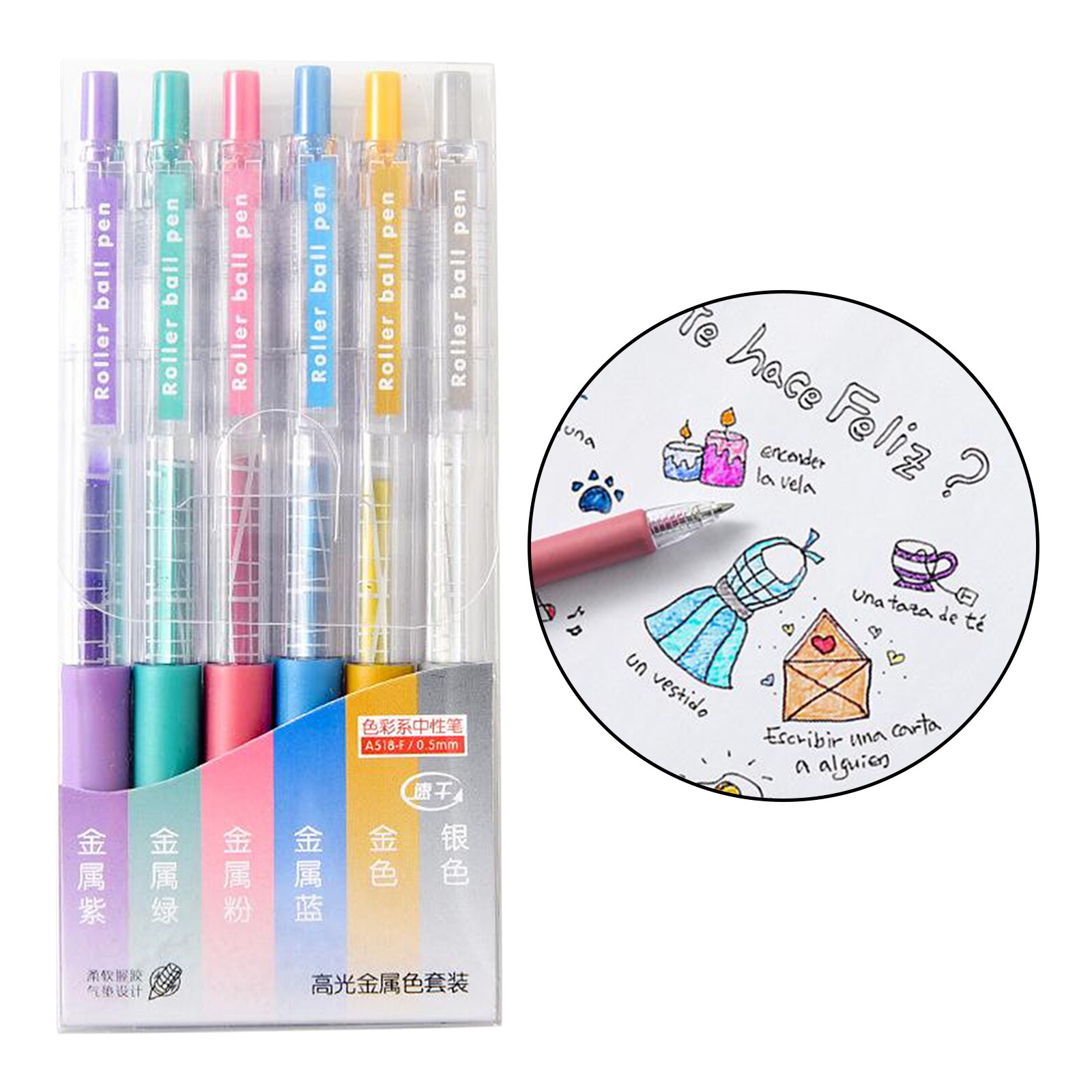 6PCS Gel Pens Set Refill for Adult Glitter Coloring Books Writing Drawing Art: Metallic Ink