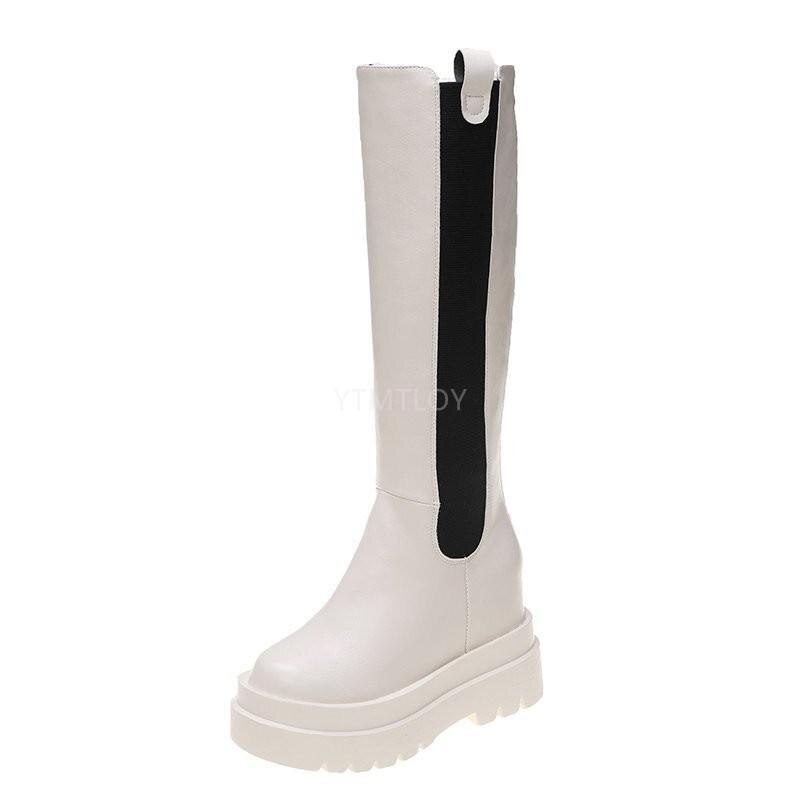 Platform kvinder lange støvler læder afslappet lynlås støvler chunky hæl knæhøje botas mujer dame chaussure femme: Beige / 38