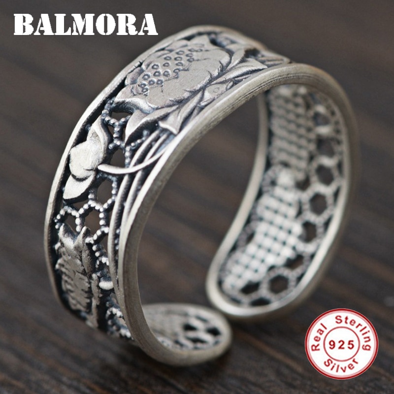 BALMORA 925 Sterling Silver Retro Lotus Flower Hollow Open Stacking Rings for Women Men Couple Cool Punk Jewelry