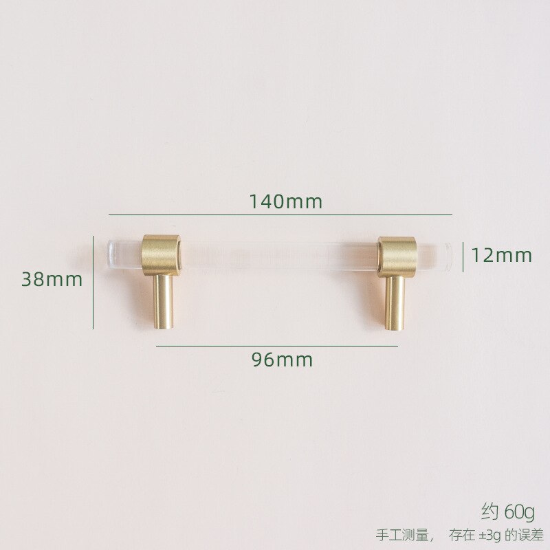 Acrylic + Brass Long Handle Modern Wardrobe Cabinet Door Handle Transparent Drawer Pulls T Bar Knobs Decor Furniture Hardware: hole 96mm