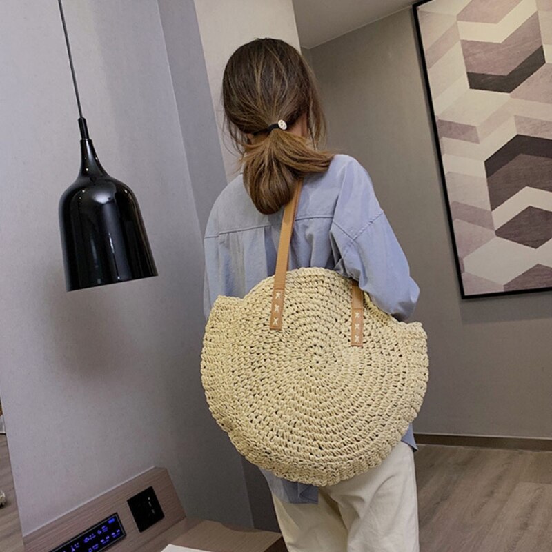 Round Straw Beach Bag Vintage Woven Shoulder Bags Rattan Bohemian Summer Vacation Casual Handbag for Women Girls