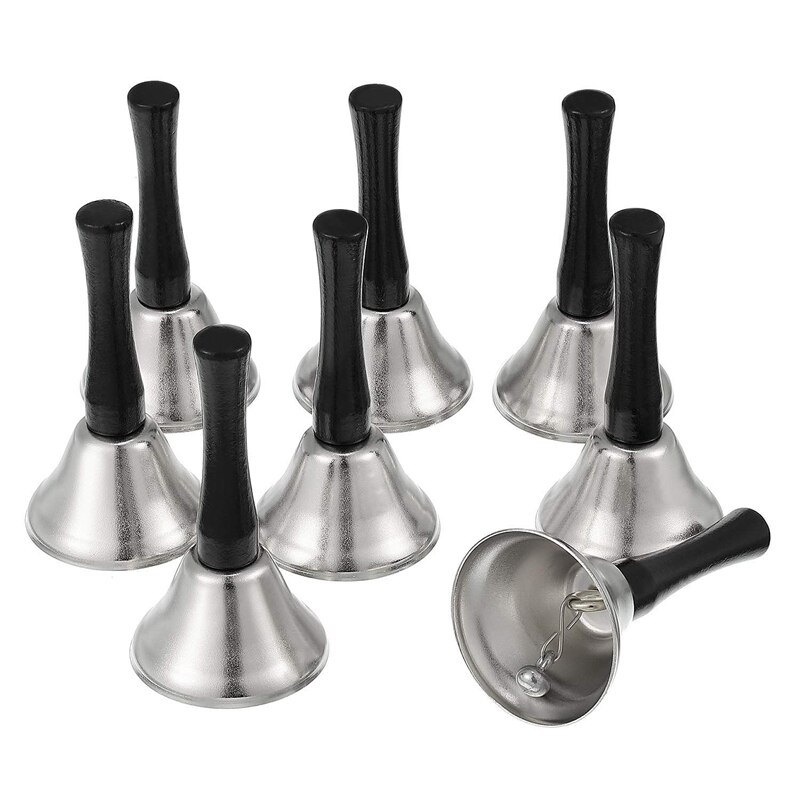 24 Pieces Hand Bells Silver Steel Service Handbells Black Wooden Handle Diatonic Metal Bells Musical Percussion (Nickel White)