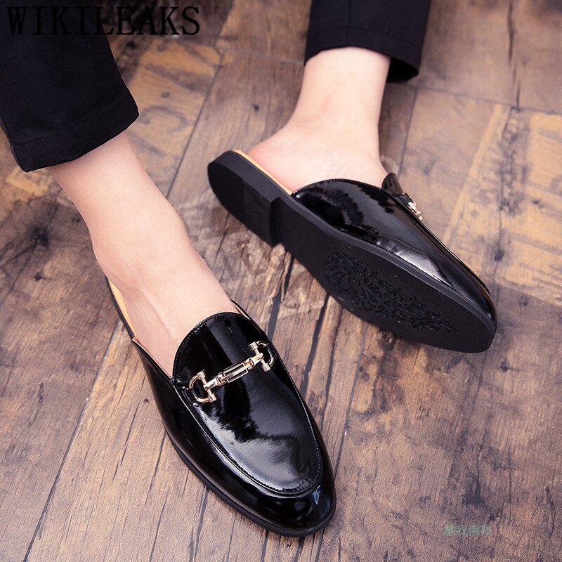 Italian Men Half Shoes Brand Patent Leather Mens Casual Shoes Coiffeur Shoes Men Slide Slipper Buty Meskie