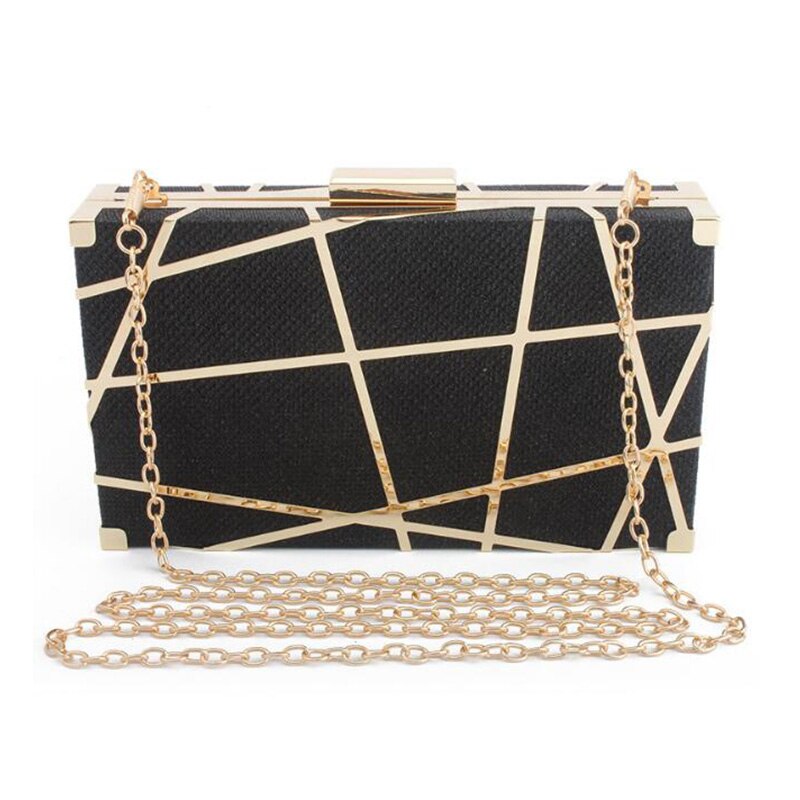 Mode Geometrische Hollow Out Patroon Vrouwen Avond Clutch Bag Vrouwelijke Metalen Ketting Handtas Dag Koppelingen Wedding Party Purse ZD1151: Black