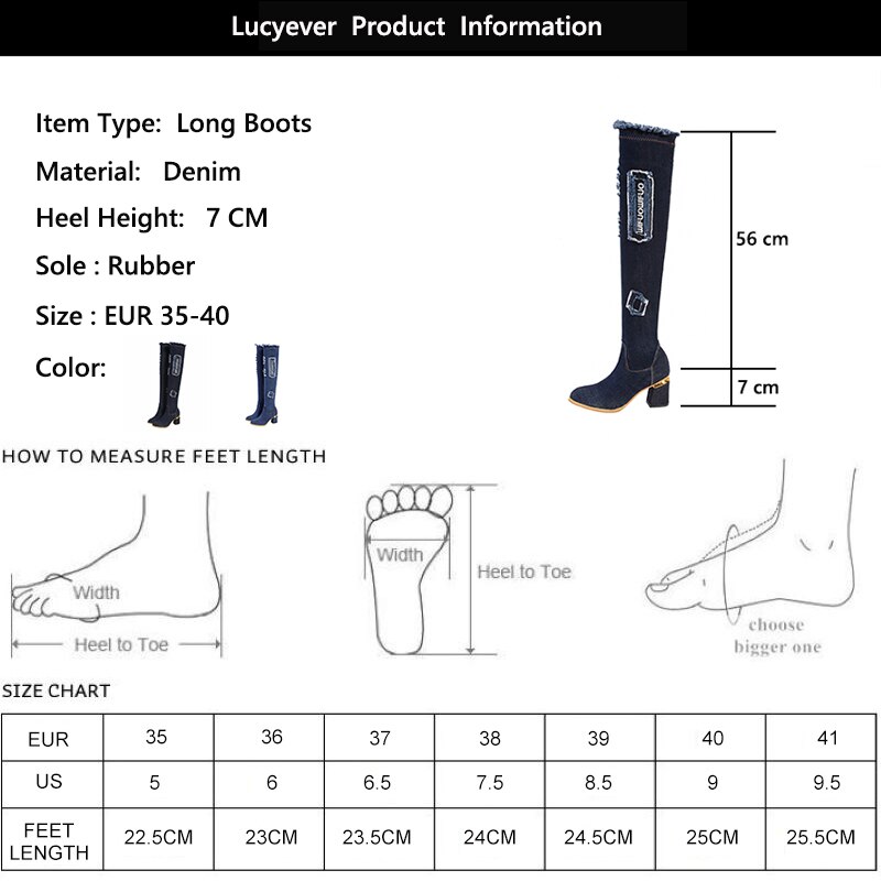Lucyever Womens Denim Laarzen Over De Knie Wees Teen Dikke Hoge Hakken Schoenen Vrouw Casual Kwastje Uitgesneden Jeans Lange botas Mujer