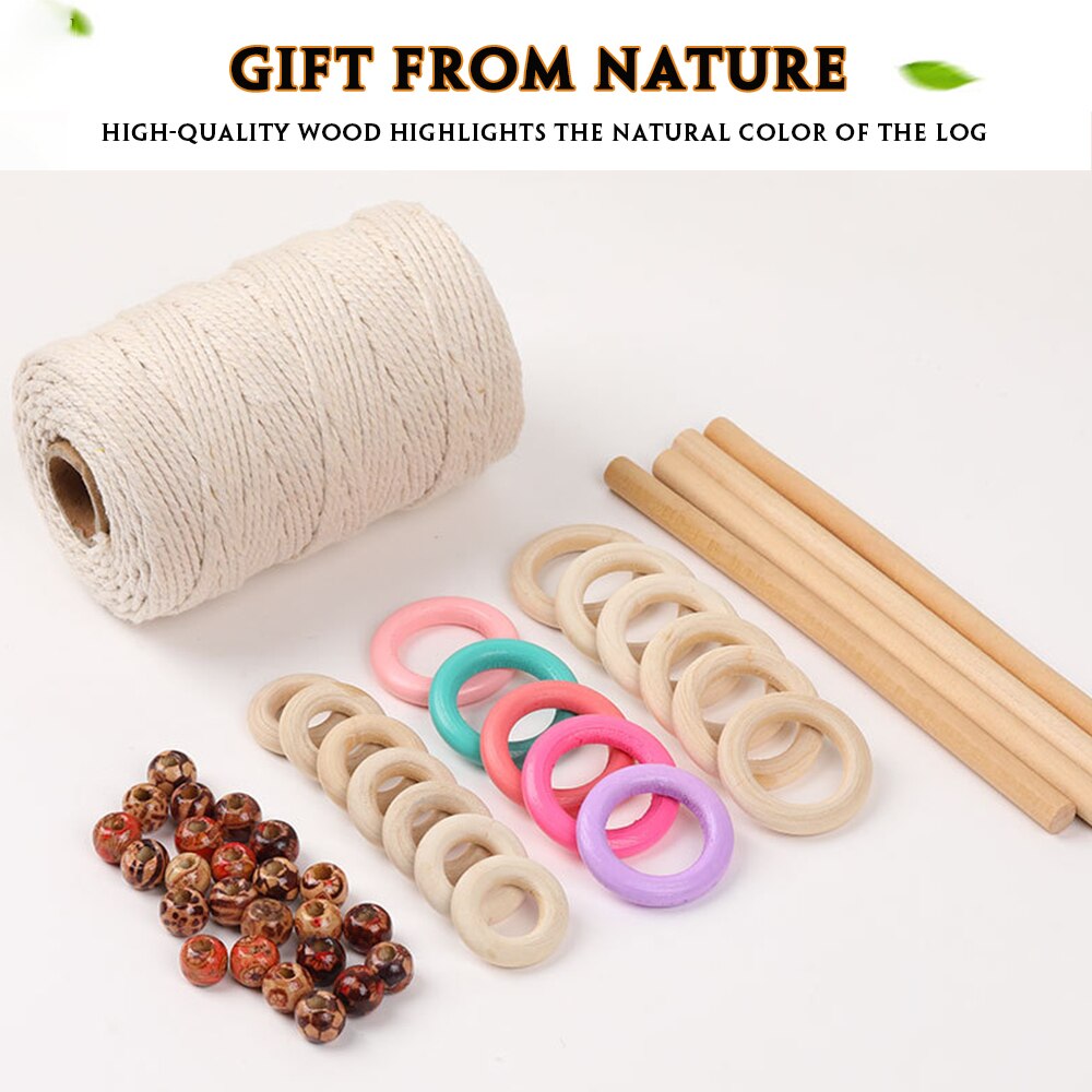 DIY Macrame Cord Natural Cotton Rope Wood Ring Wood Beads Wood Stick Kit Wall Hanging Plant Hanger Ornament