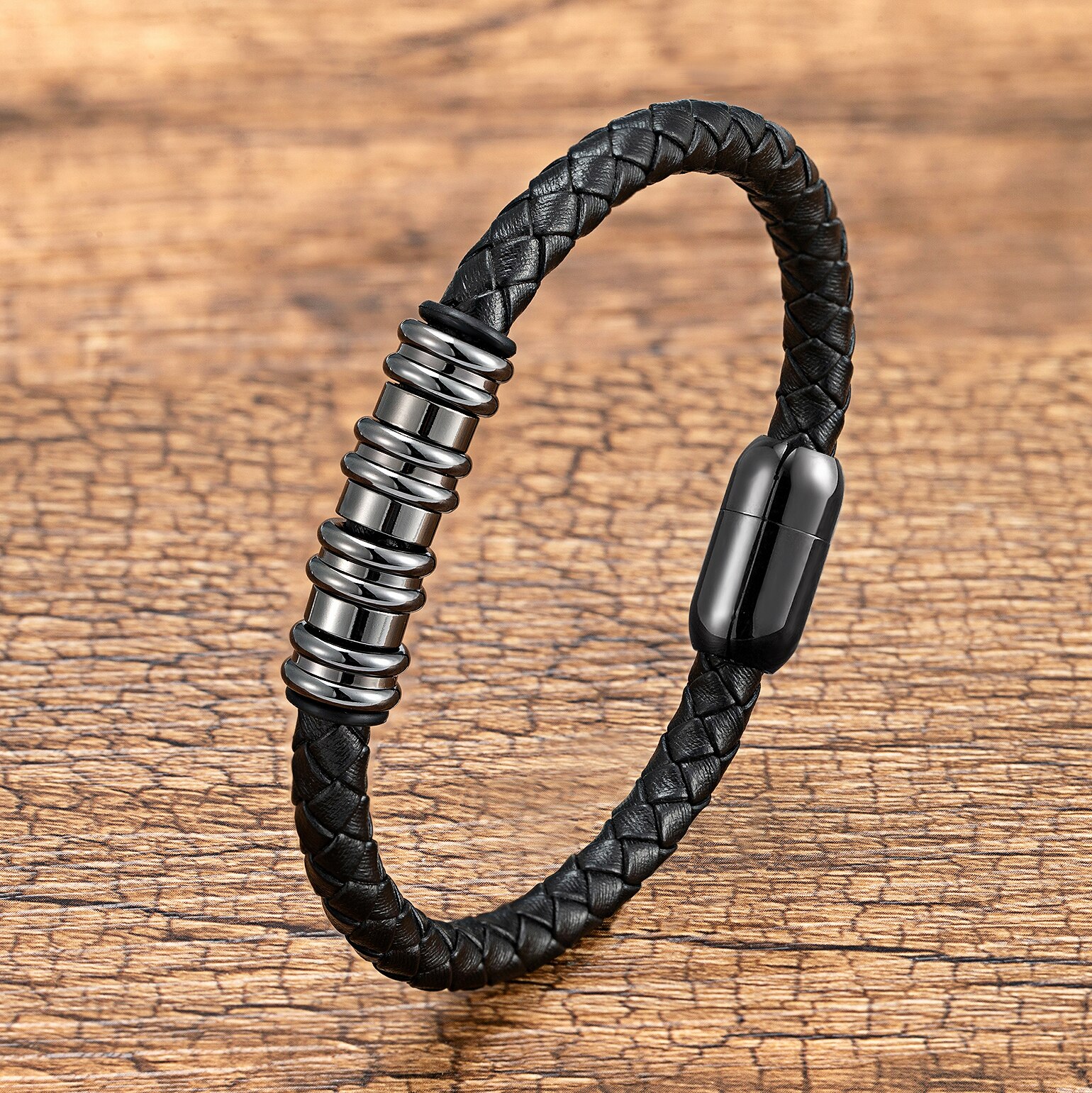 Yishucha Klassieke Stijl Eenvoudige Gevlochten Lederen Armbanden Voor Man Rvs Magnetische Armbanden Mode Mannen Sieraden: Black Metal / 23cm