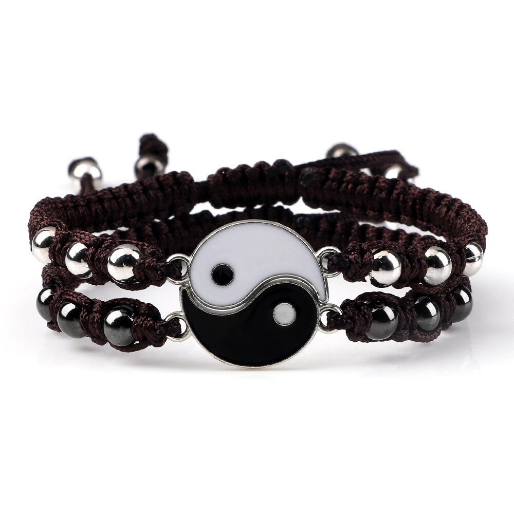 2 unids/set de pulsera trenzada Yin Yang Tai Chi, abalorio negro y blanco, pulseras ajustables a juego para parejas y joyería para amantes de la distancia Blangle: Brown