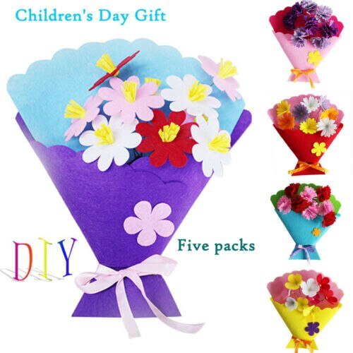 5PCS Colorful Flowers Mixed Buttons Felt Bouquets Set Children DIY Handmade Craft Children's