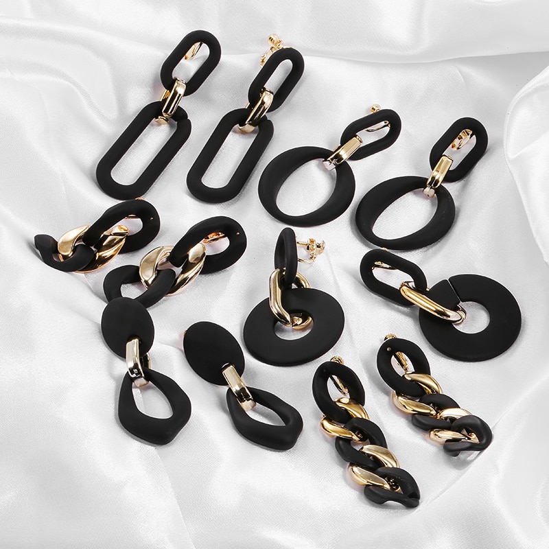 Pendientes de Clip de cadena acrílica para mujer, aretes largos de color dorado, mate, negro, Vintage, ovalados, geométricos, sin agujeros,