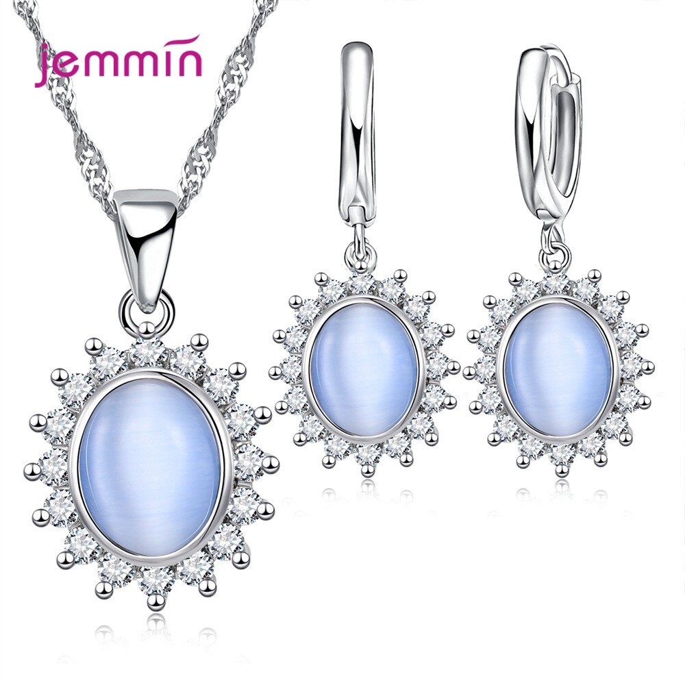 plata 925 conjunto de joyería Oval flor pendientes colgantes en Zircon Collar para mujer aniversario ornamento del cuello mujer