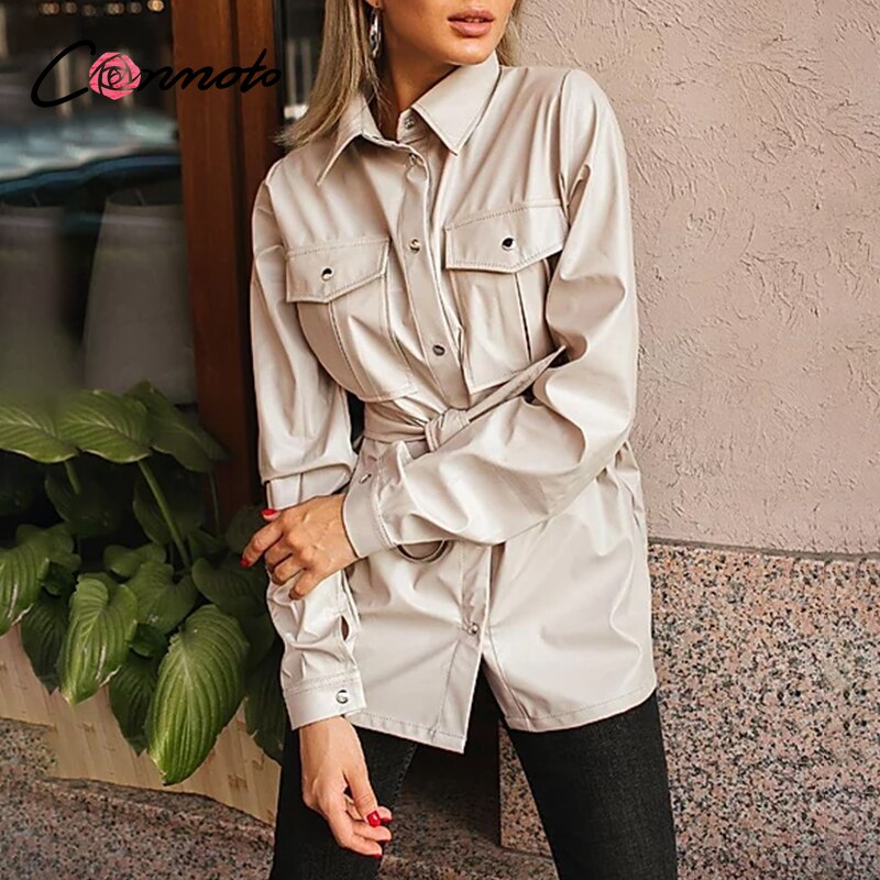 Conmoto Jahrgang PU leder bluse frauen mit gürtel Kausalen Turndown kragen Spitzen Herbst Winter schick tasche Shirt Dame