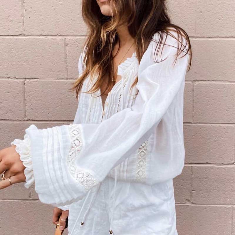 Boho Inspiriert gekräuselte weiße bluse frauen langarm V-ausschnitt tasten lässig bluse Shirt frühling sommer Spitzen boho Strand Spitzen