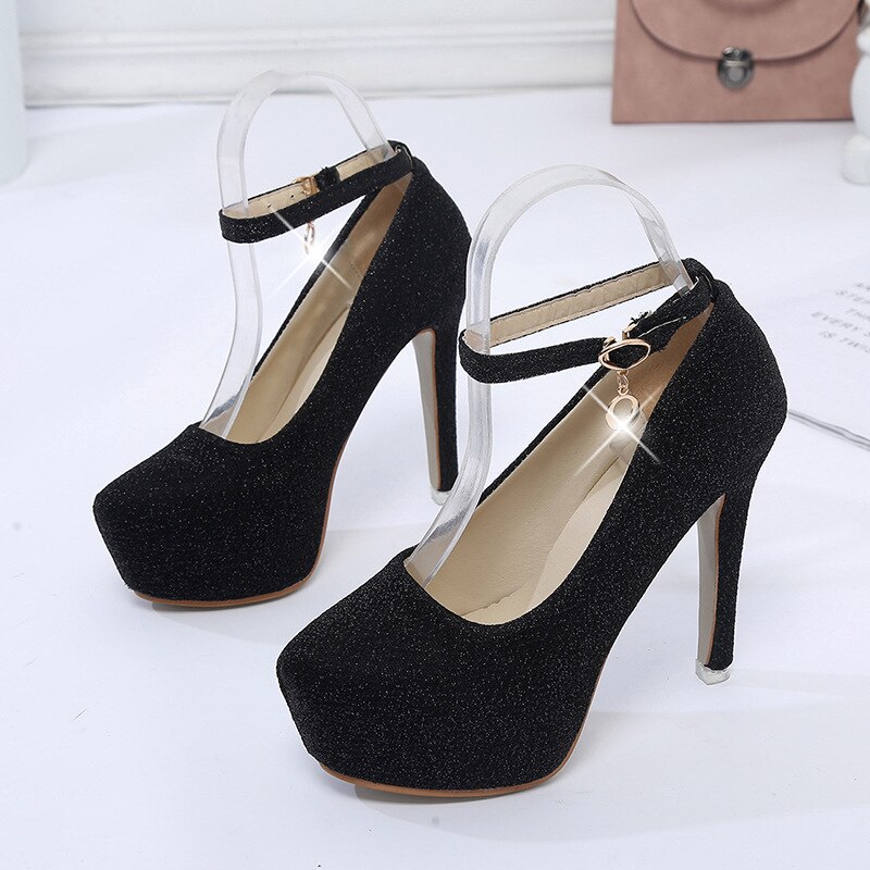 Bryllupssko kvinder høje hæle brude sko platform pumps super høj hæl 12cm sort sølv  yx2177