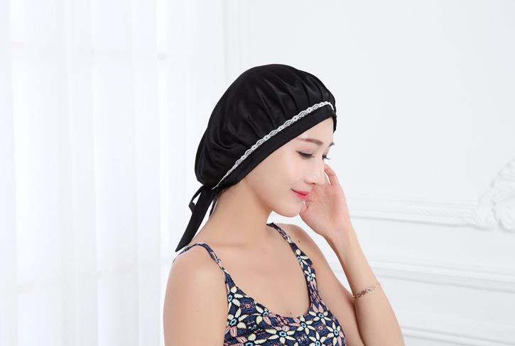 100% Silk Sleeping Cap Soft Silk Night Sleep Cap Sleeping Hat Bonnet Burgundy Sleepwear With Tie Adjustable: black