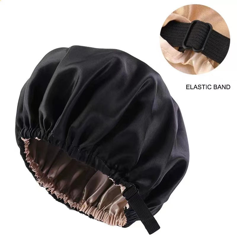 Satin Nightcap Invisible Flat Adjustment Buckle Simulated Silk Double Round Cap Makeup Washing Cap.: black