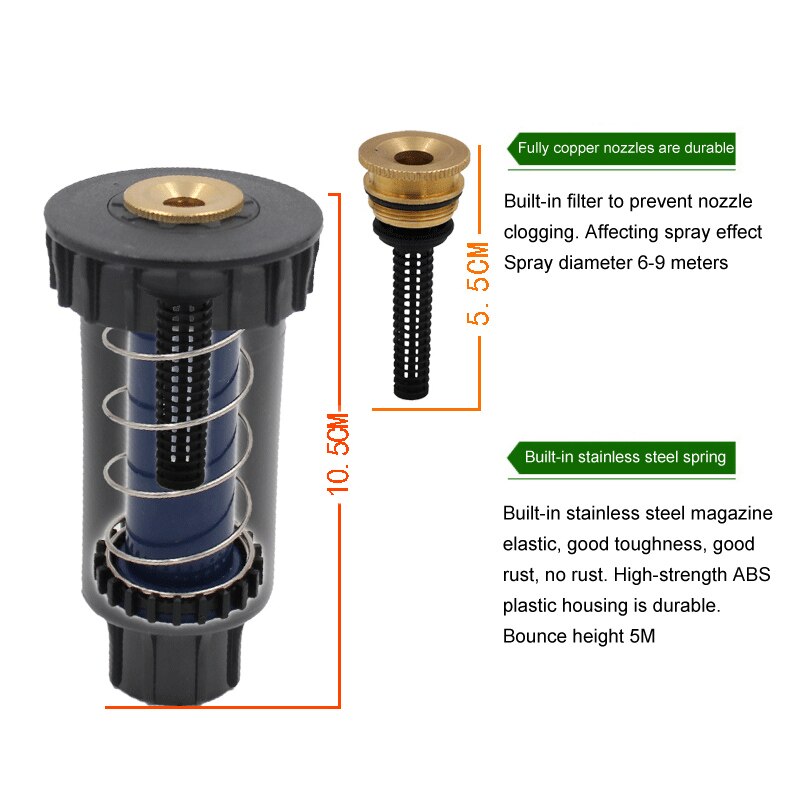 Aspersores de riego ajustables de hilo femenino de 1/2 ", Expansión automática de césped de plástico, 1 Uds., 90, 180, 360 grados