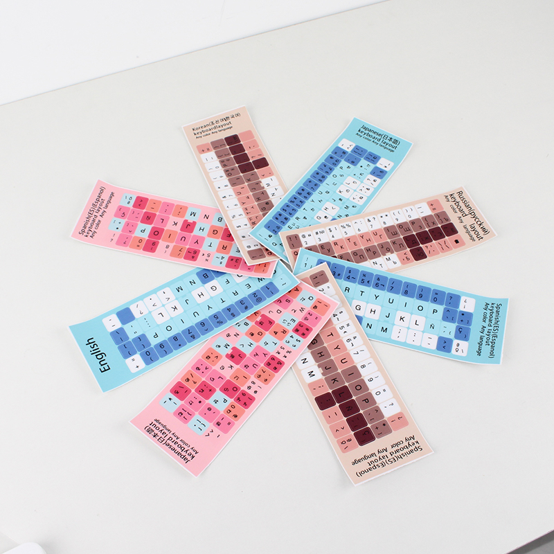 2 st färgglada tangentbordsklistermärken flerspråkiga engelska koreanska spanska japanska ryska bokstäver, universella för datorer och bärbara datorer