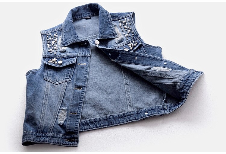 5xl ærmer uden ærmer til kvinder sommer vest denim vest casual korte jeans jakke perlehul slank jeans frakke