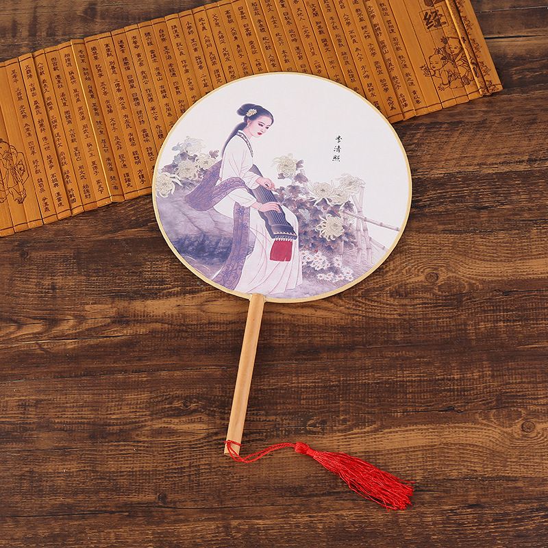 Vintage Round Fan Long Handle Tassel Dancing Hanfu Circular Fan Ancient Chinese Style Classical Printed Court Round Fan Wedding: 6