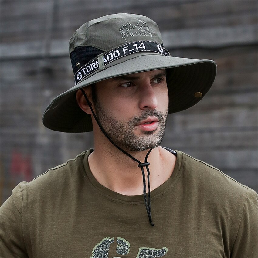 Fralu Zomer Hoeden Mannen Zon Protector Uv-Proof Ademend Emmer Hoed Grote Brede Rand Wandelen Outdoor Vissen Strand Cap cowboy: Army Green Hat