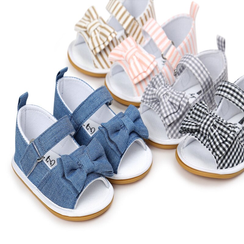 Peuter babymeisjes schoenen schattig mooie zomer katoenen stoffen sandalen gestreept geruit denim strik antislip zacht 0-18m klompen