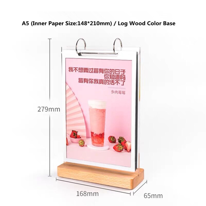 A5 210*148mm akryl restaurant bord menu skilt holder display stativ med plakat menu papir ramme: Træ træ base
