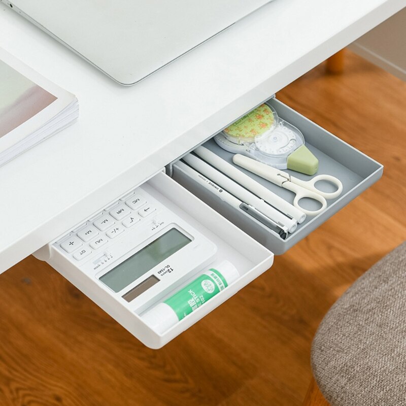 Pencil Tray Desk Table Storage Drawer Organizer Under Desk Stand Self-Adhesive Under-Drawer Storage Box(Gray/White) K3NA