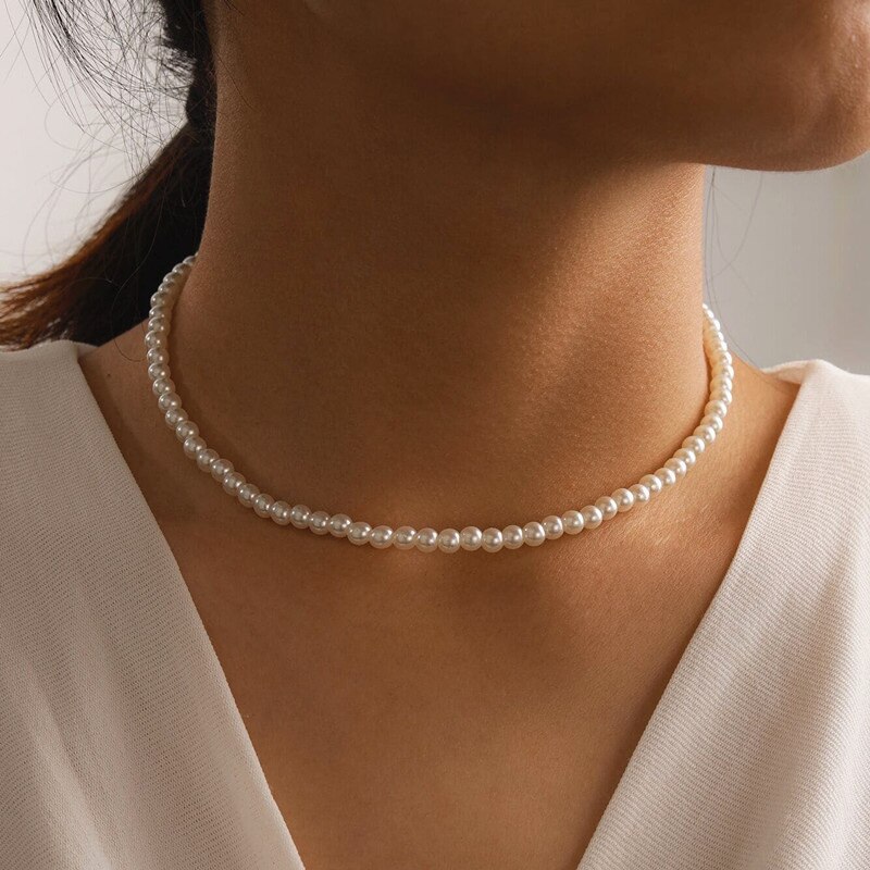 Klassische Elegante Weiß Nachahmung Perle Halsband Halskette Große Runde Perle Hochzeit Halskette für Frauen Charme Schmuck