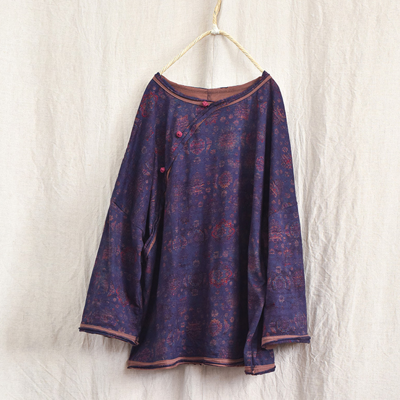 Kinesiske damet-shirts med lange ærmer i bomuld og hør, forårsprint, løse, afslappede toppe til kvinder, t-shirts  m965