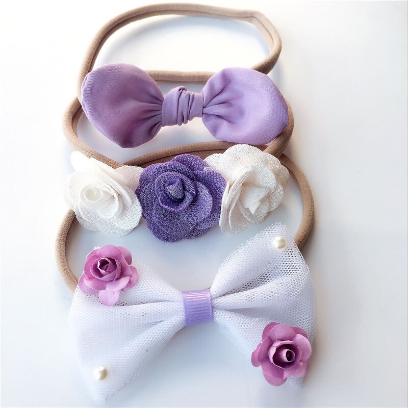 BalleenShiny 3pcs Baby Bowknot Headband Lovely Colorful Flower Cute Nylon Headwear Set Kids Hairband Girl Turban: TC