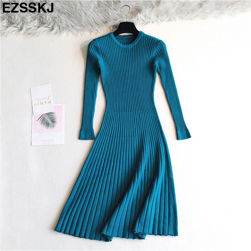 Vestido femenino de punto grueso con manga larga para otoño e invierno, traje básico con cuello redondo para mujer, corte en A, informal: navy blue