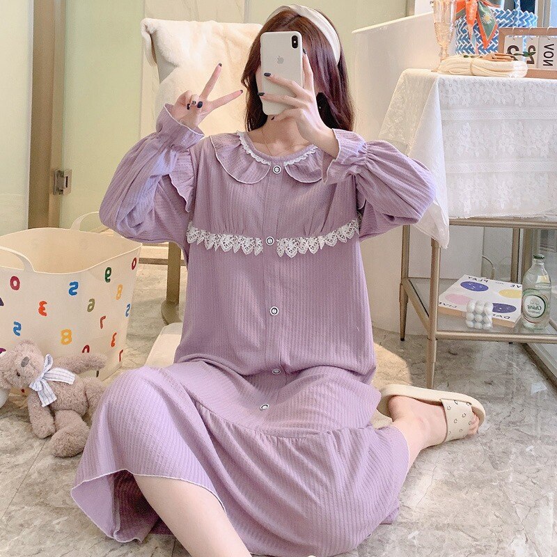 2022 Lente Lange Mouwen Katoenen Losse Lange Jurk Nightgowns Voor Vrouwen Koreaanse Nachtkleding Homewear Nachtjapon Nachthemd Thuis Nachtjapon: Paars / Xxl