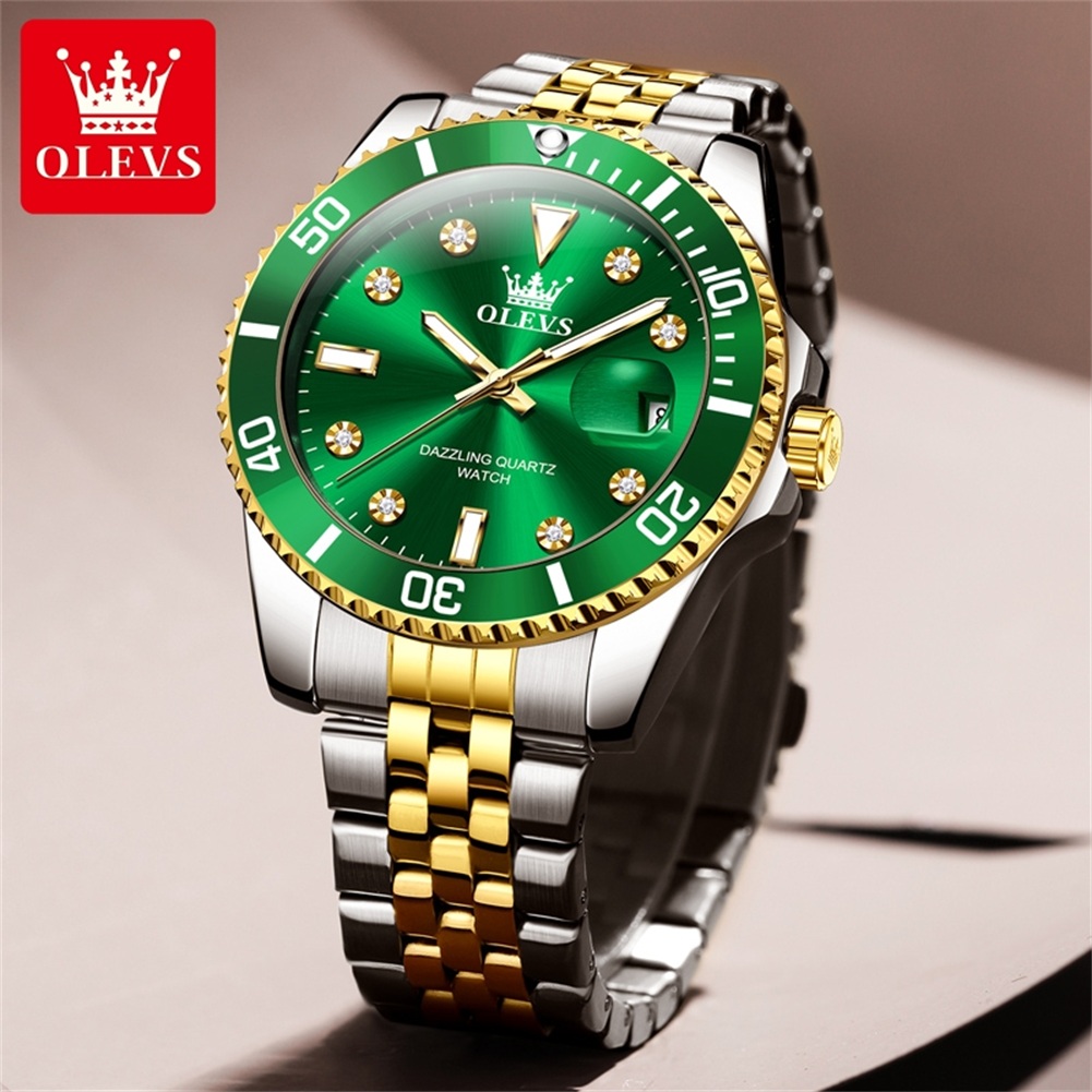 Olevs Originele Luxe Mannen Horloge Kalender Groen Waterdicht Quartz Horloge Voor Mannen Rvs Band Lichtgevende Diamant Schaal