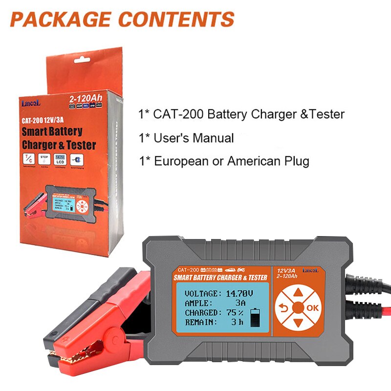 Car Battery Tester Analyzer Charger 12V 3A 2-120AH LCD Display Lead-Aicd Intelligent Smart Automatic Battery Analyzer