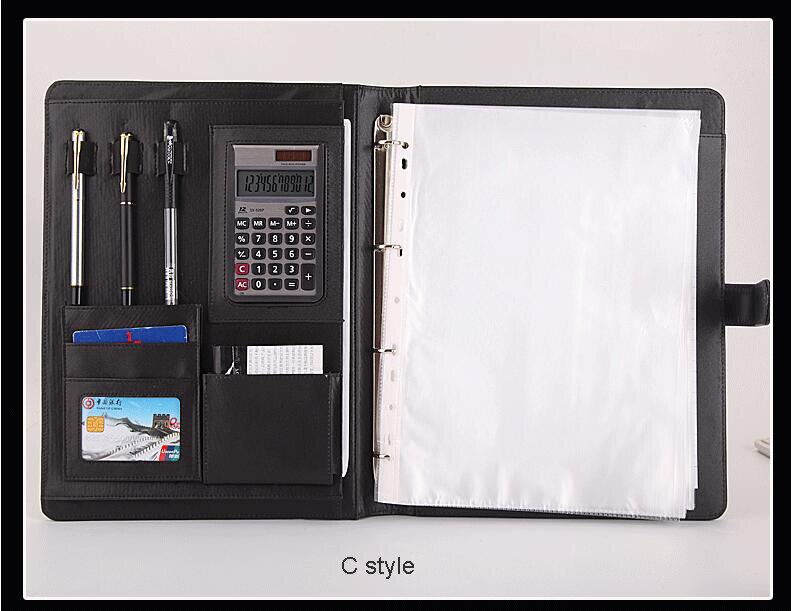PU artificial leather folder ring binder a4 portfolio for documents padfolio briefcase with notebook cellphone holder 1210C