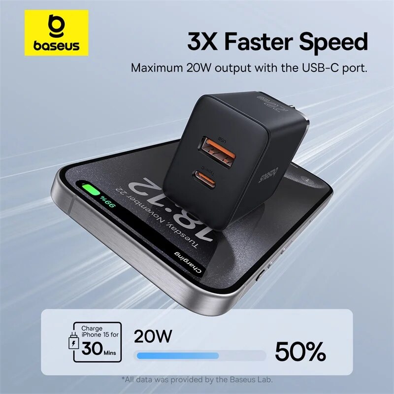 Baseus Chargeur USB Type C PD, Charge Rapide, 20W, iPhone 16, 15, 14, 13, 12, 11, Xiaomi, Écouteurs, Chargeur de Téléphone Rapide