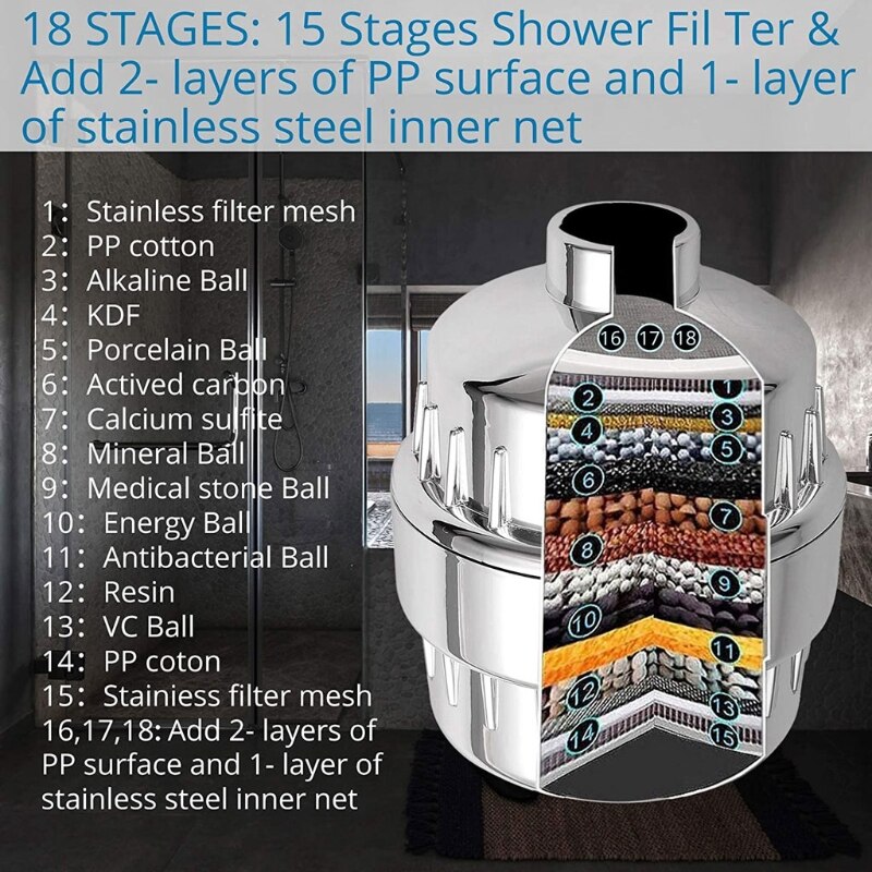 Purificador de agua Universal para ducha, filtro de alto rendimiento de 1/2 pulgadas, 15 etapas, elimina el cloro y el fluoruro, suavizante de agua