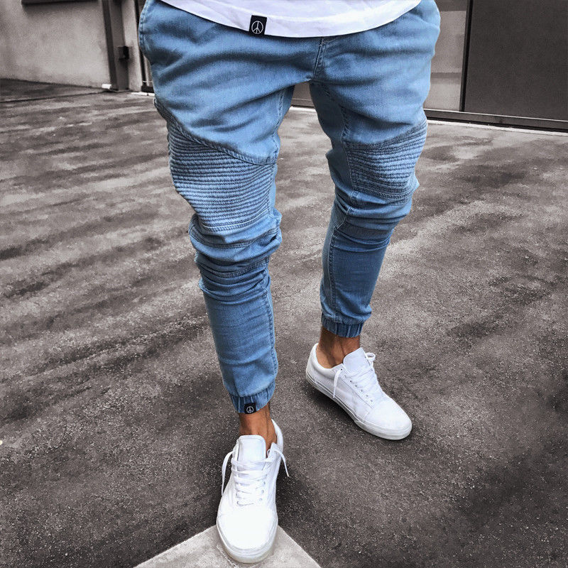 Men's Stretchy Ripped Skinny Biker Jeans Destroyed Slim Fit Denim Pants Mens Elastic Waist Harem Pants Men Jogger Clothes