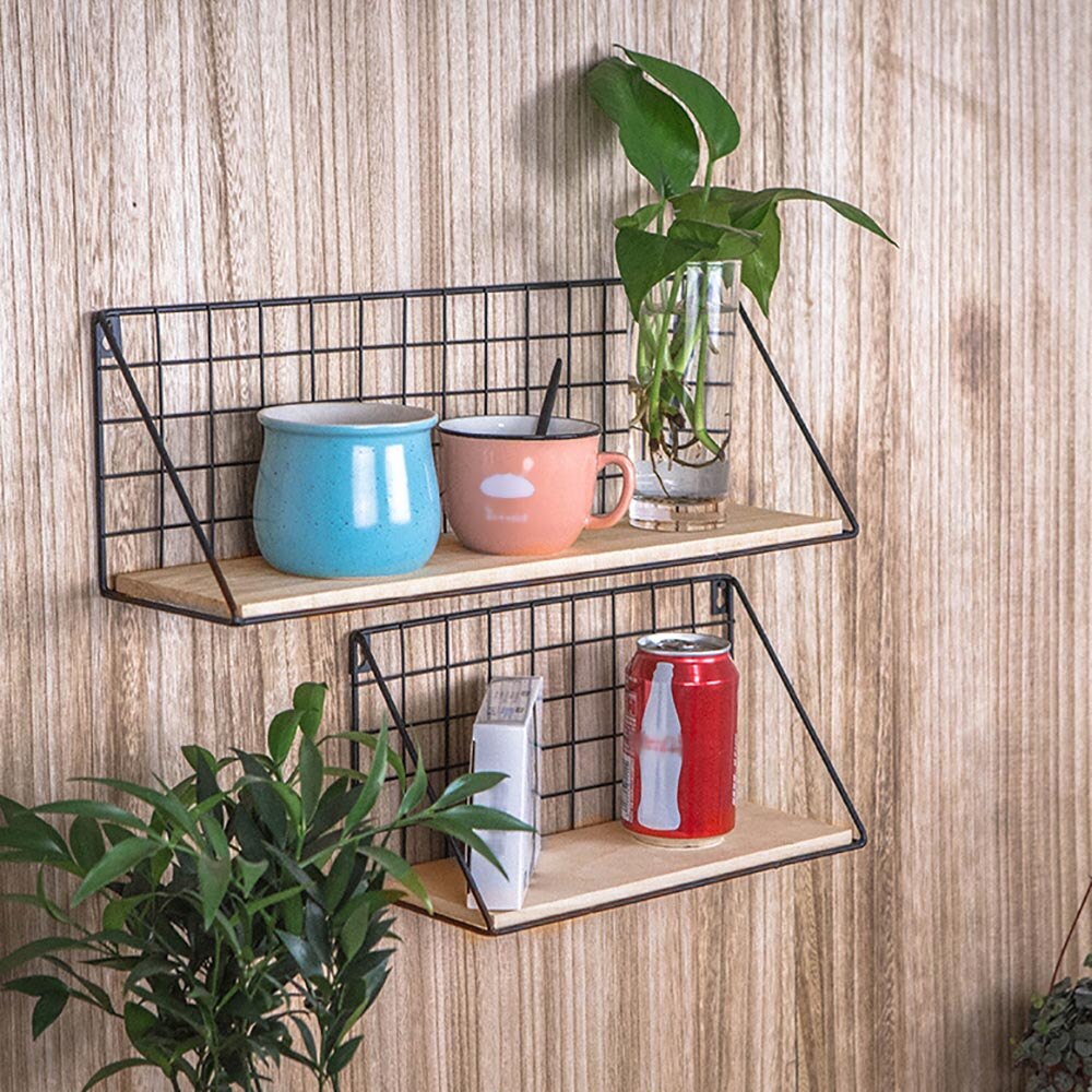 S/M/L Wall Mounted Hang Rack Wire Shelf Storage Organizer Holder For Kitchen Living Room Home Office Decor Iron Wood