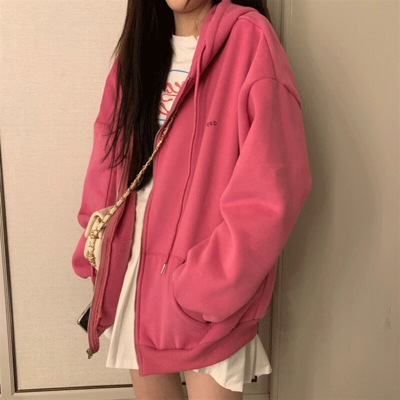 Sudaderas con capucha de las mujeres carta Oversize con capucha prendas de vestir exteriores Zip-adolescentes otoño Ins Popular cremallera estilo coreano de mujer diario básico Simple
