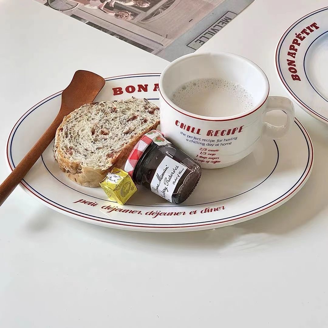 English Line Ceramic Tableware Set Red Blue Color Matching Homemade French Style Breakfast Fish Plate Coffee Cup Plate